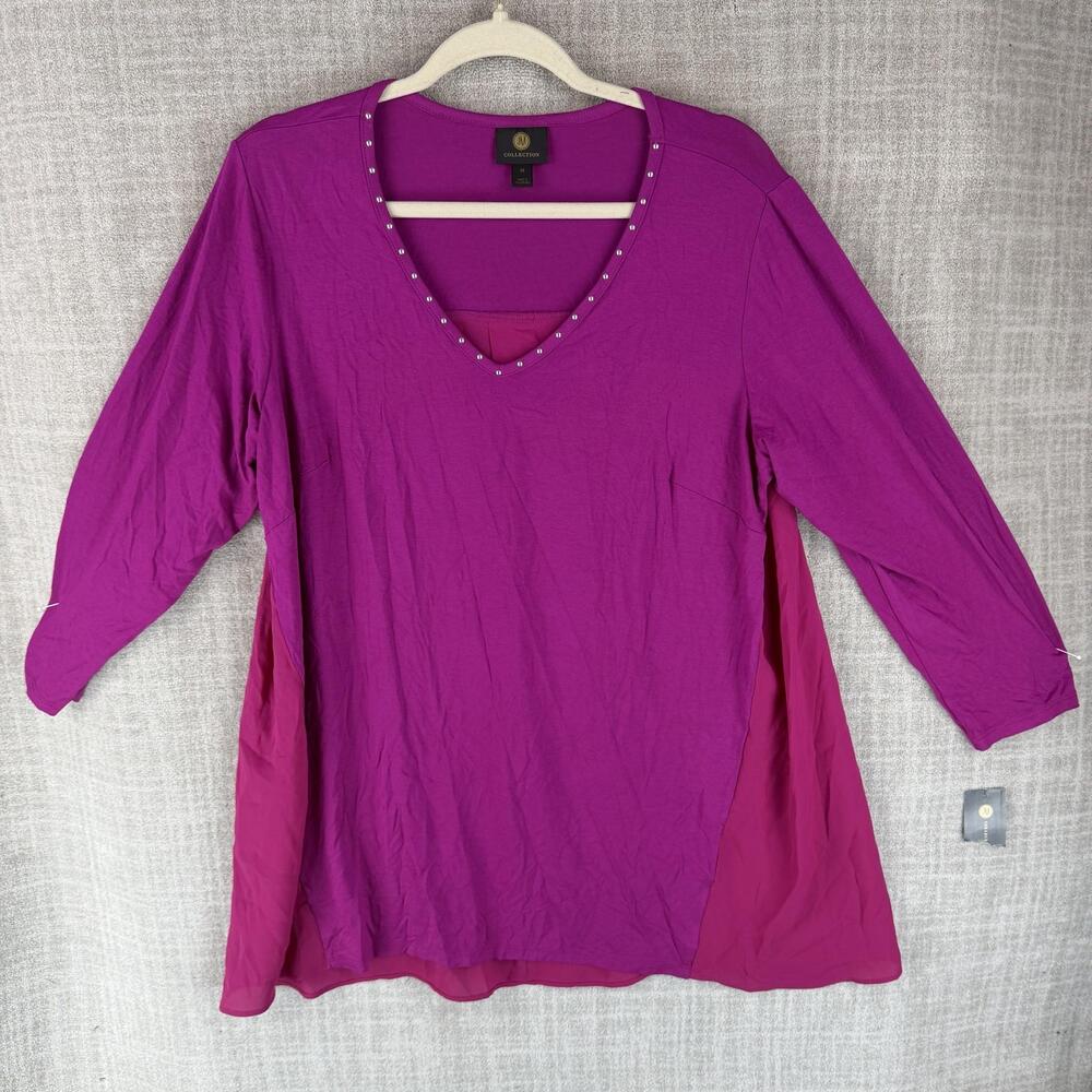 JM Collection Tunic Blouse Womens 0X Purple VNeck 3/4 Sleeve Studded Lightweight